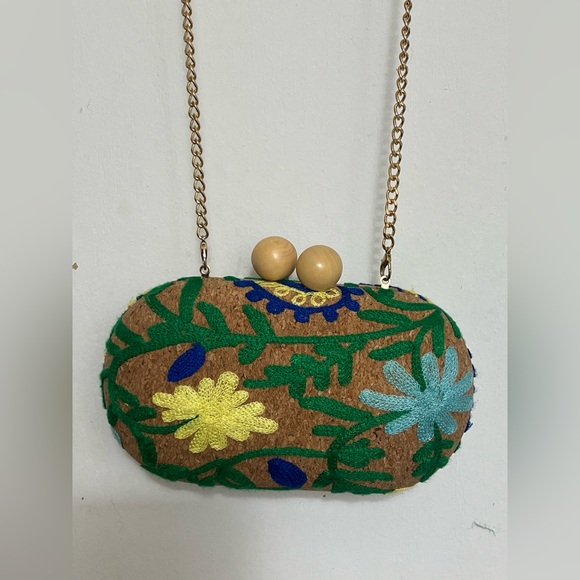 Handbags - Embroidered Floral Cork Crossbody/Clutch Bag in Brown and Green